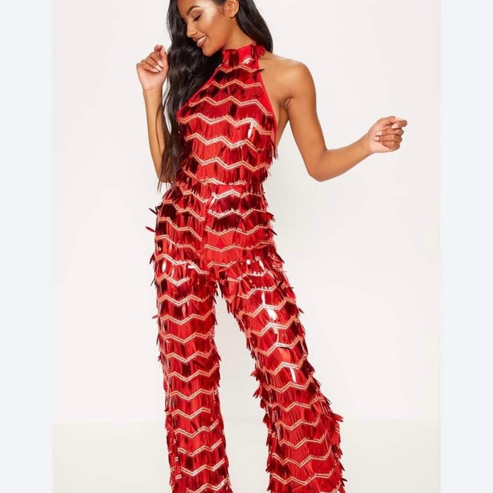 Red Halter Jumpsuit with Fringe Details